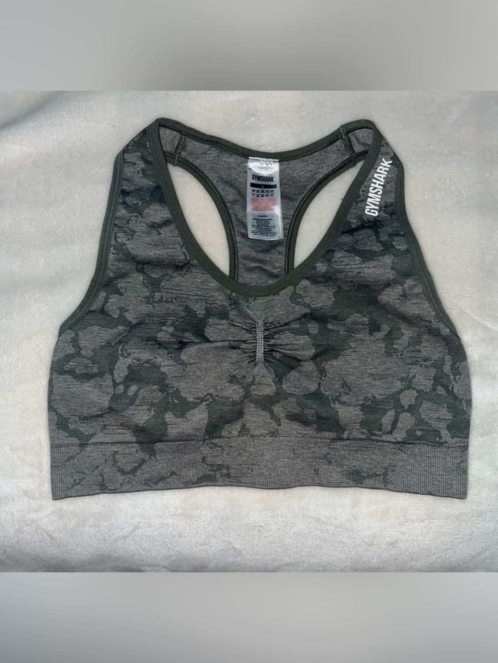 🦈 VGUC GYMSHARK ADAPT GREEN CAMO SEAMLESS RACER BACK SPORTS BRA - Sz LARGE